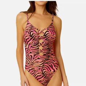 SALT + COVE Women Mane Event Printed Lattice-Front One-Piece Jr Swimsuit Sz M
